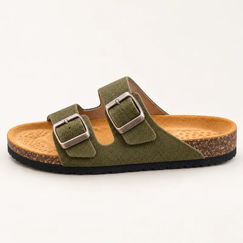 Deux brides en daim, coloris Kaki, vue de profil