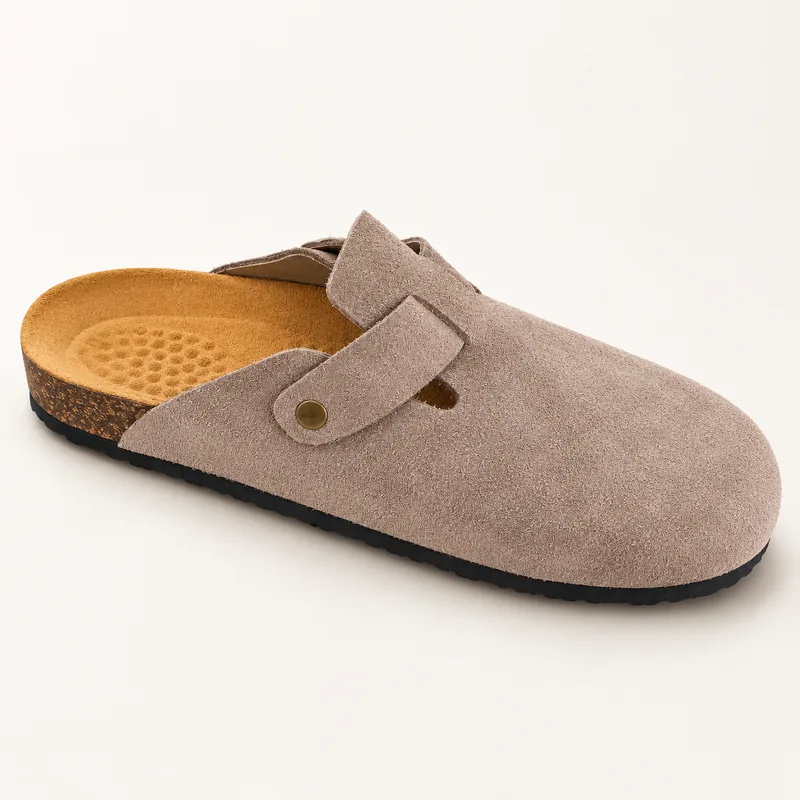 Mule fermée en daim, coloris Taupe, vue de profil