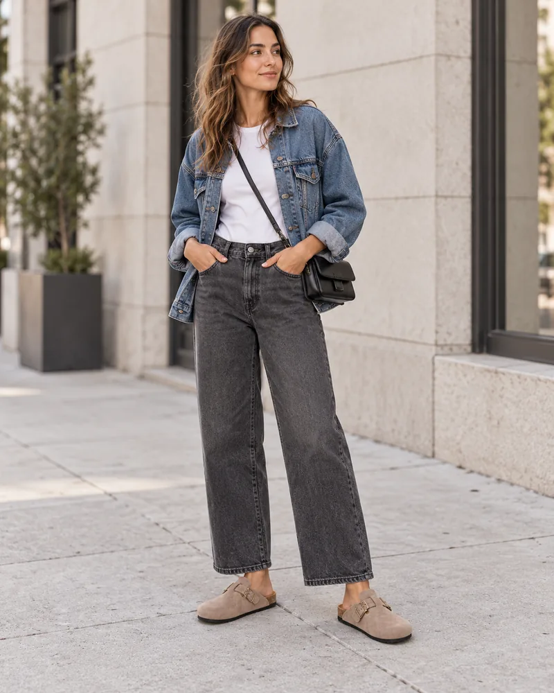 Mule fermée en daim, coloris Taupe, silhouette streetwear femme